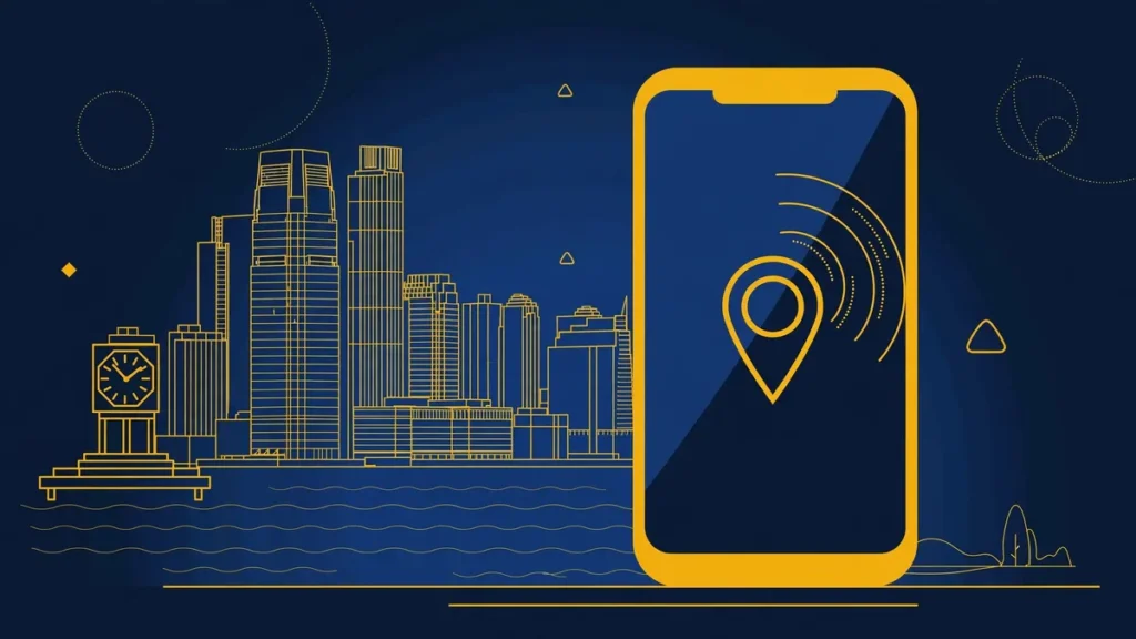 Illustration: Jersey City skyline with smartphone and map pin — 201 area code guide