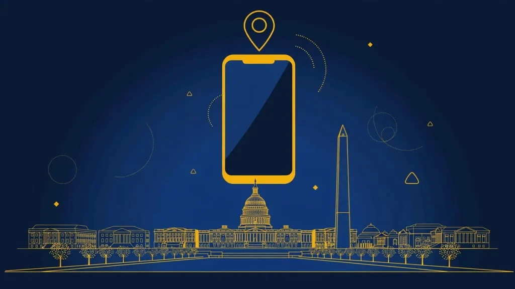Illustration: Washington skyline with smartphone and map pin — 202 area code guide