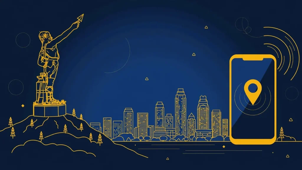 Illustration: Birmingham skyline with smartphone and map pin — 205 area code guide