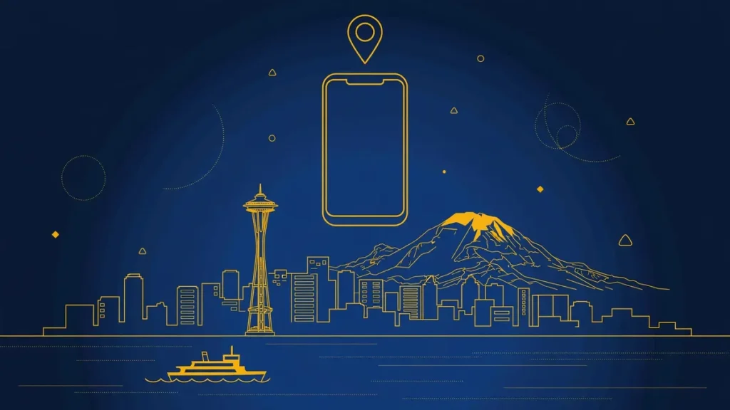 Illustration: Seattle skyline with smartphone and map pin — 206 area code guide