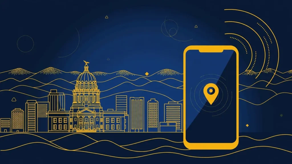 Illustration: Boise skyline with smartphone and map pin — 208 area code guide
