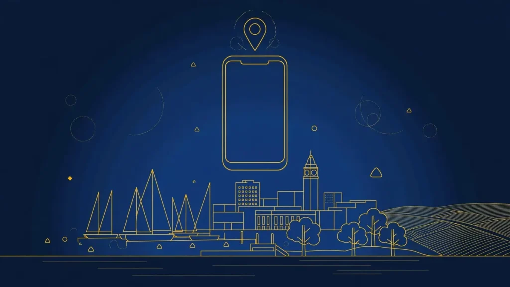 Illustration: Stockton skyline with smartphone and map pin — 209 area code guide