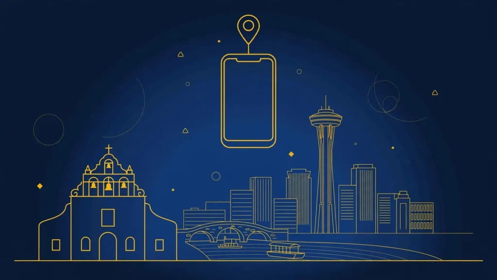 Illustration: San Antonio skyline with smartphone and map pin — 210 area code guide