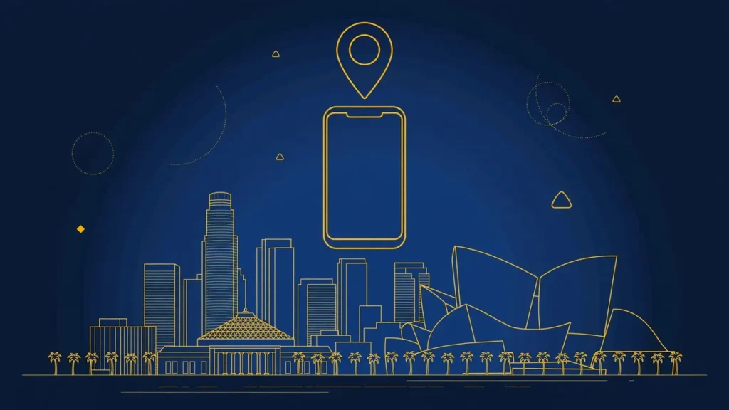 Illustration: Los Angeles skyline with smartphone and map pin — 213 area code guide