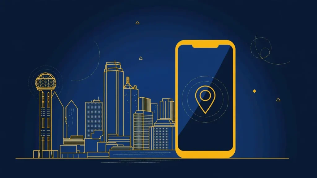 Illustration: Dallas skyline with smartphone and map pin — 214 area code guide