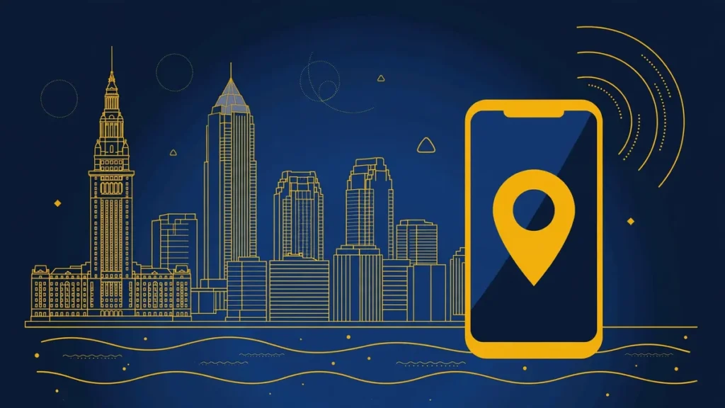 Illustration: Cleveland skyline with smartphone and map pin — 216 area code guide