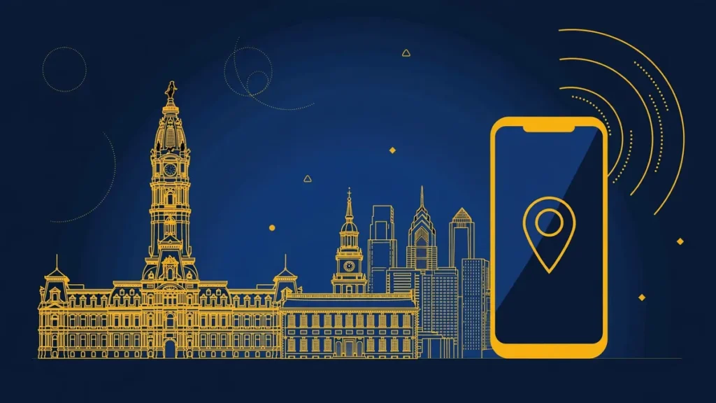Illustration: Philadelphia skyline with smartphone and map pin — 267 area code guide