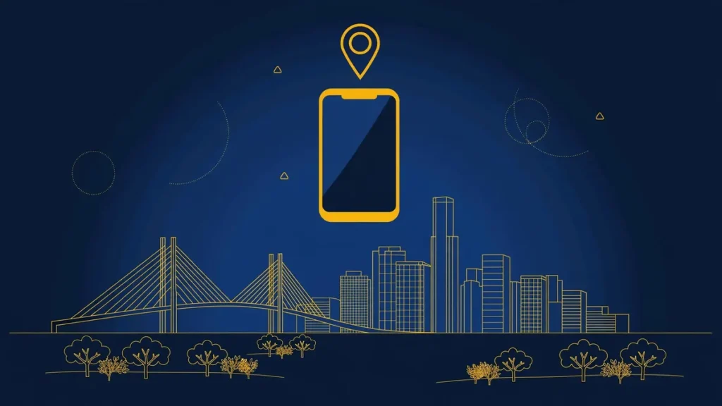 Illustration: Houston skyline with smartphone and map pin — 281 area code guide