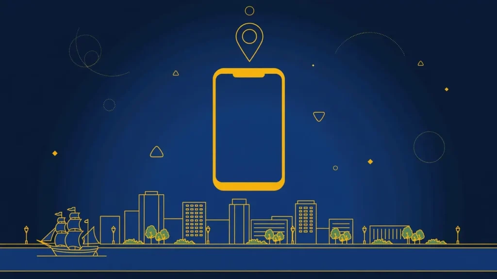 Illustration: Wilmington skyline with smartphone and map pin — 302 area code guide