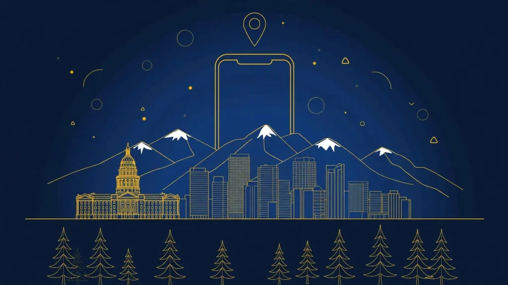 Illustration: Denver skyline with smartphone and map pin — 303 area code guide