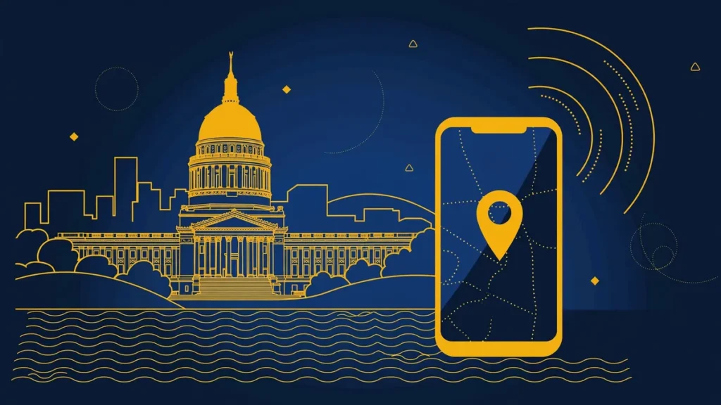 Illustration: Charleston skyline with smartphone and map pin — 304 area code guide