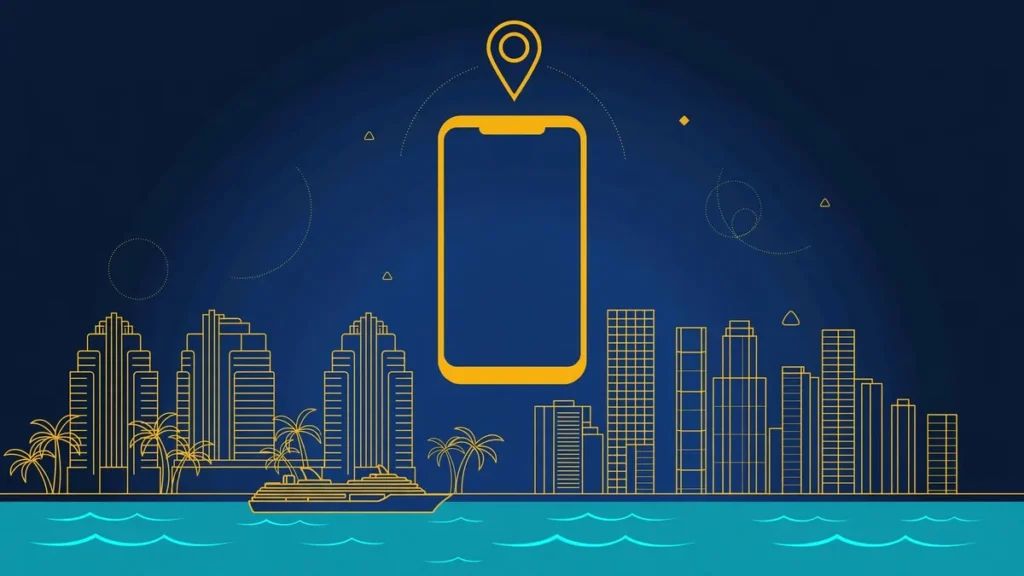 Illustration: Miami skyline with smartphone and map pin — 305 area code guide