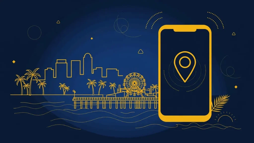 Illustration: Santa Monica skyline with smartphone and map pin — 310 area code guide