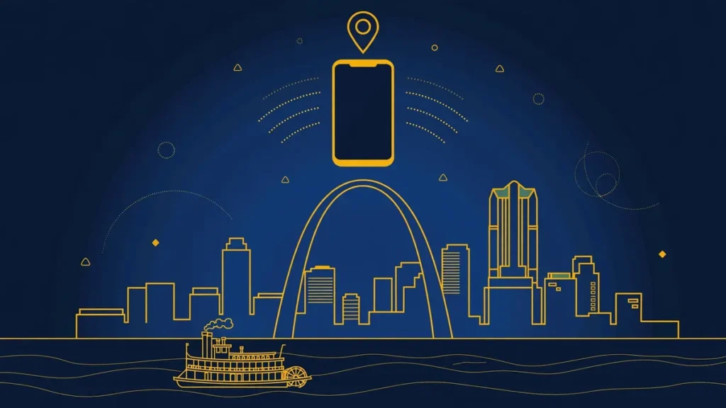 Illustration: St. Louis skyline with smartphone and map pin — 314 area code guide