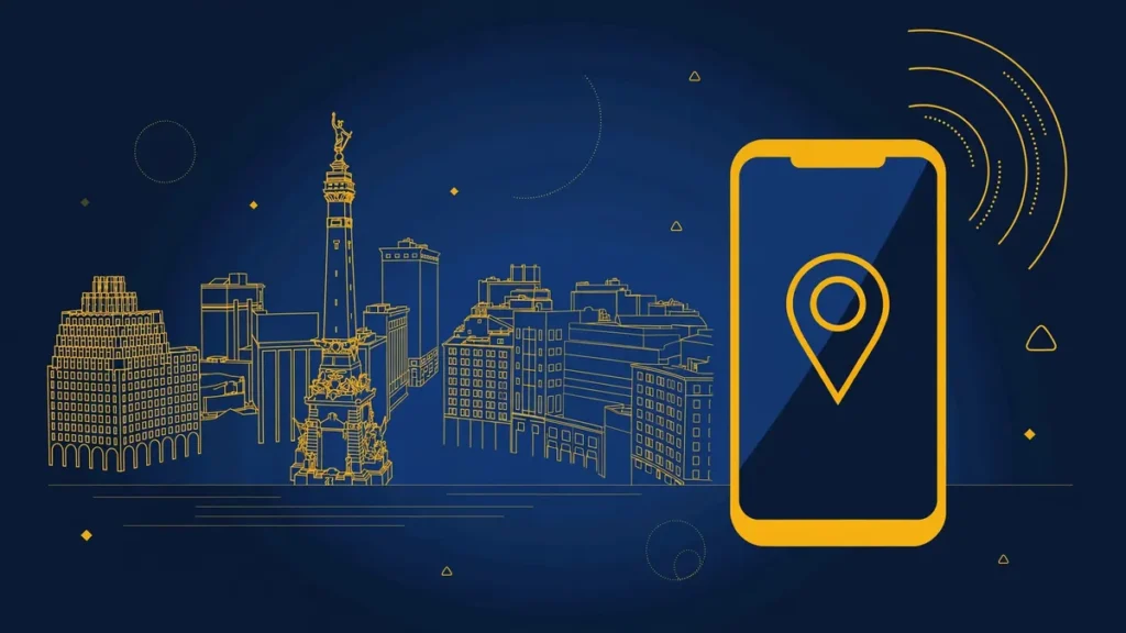 Illustration: Indianapolis skyline with smartphone and map pin — 317 area code guide