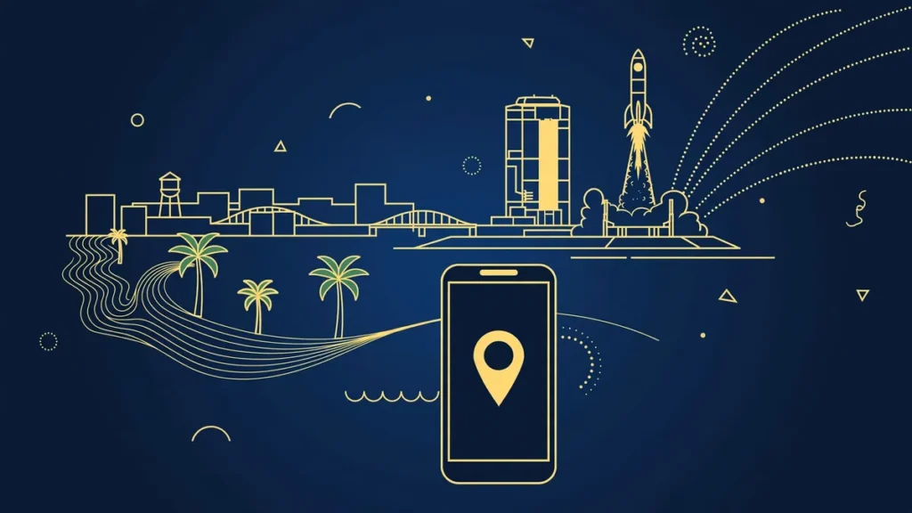 Illustration: Melbourne skyline with smartphone and map pin — 321 area code guide