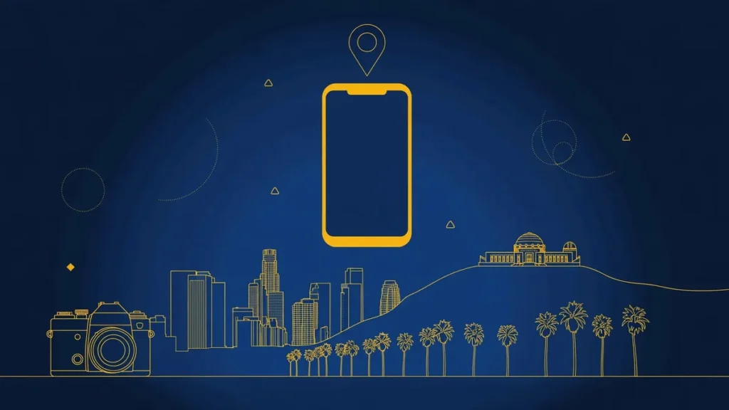 Illustration: Los Angeles skyline with smartphone and map pin — 323 area code guide
