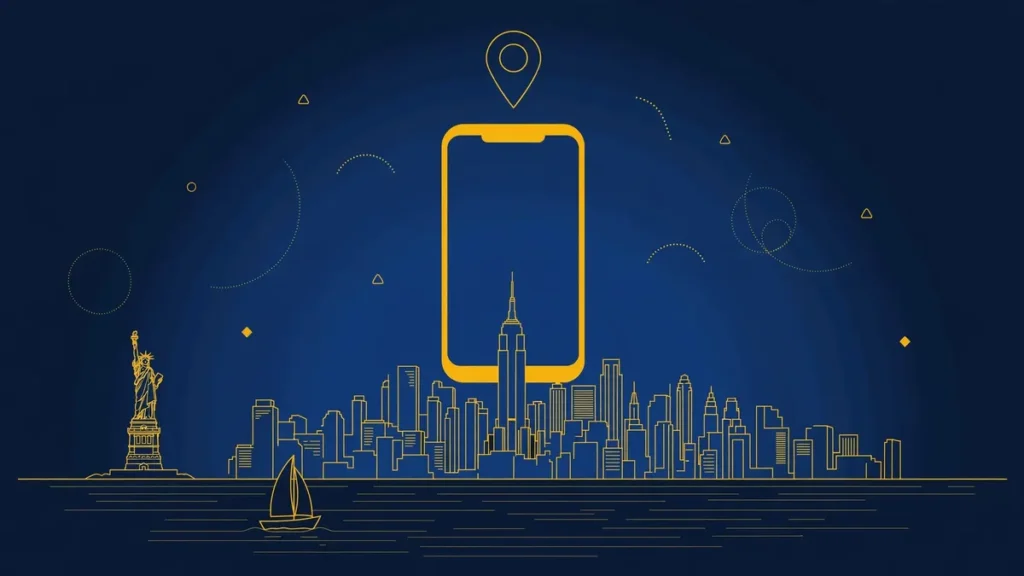 Illustration: New York City skyline with smartphone and map pin — 332 area code guide