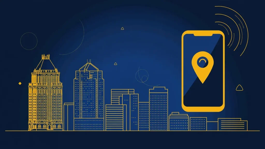 Illustration: Greensboro skyline with smartphone and map pin — 336 area code guide