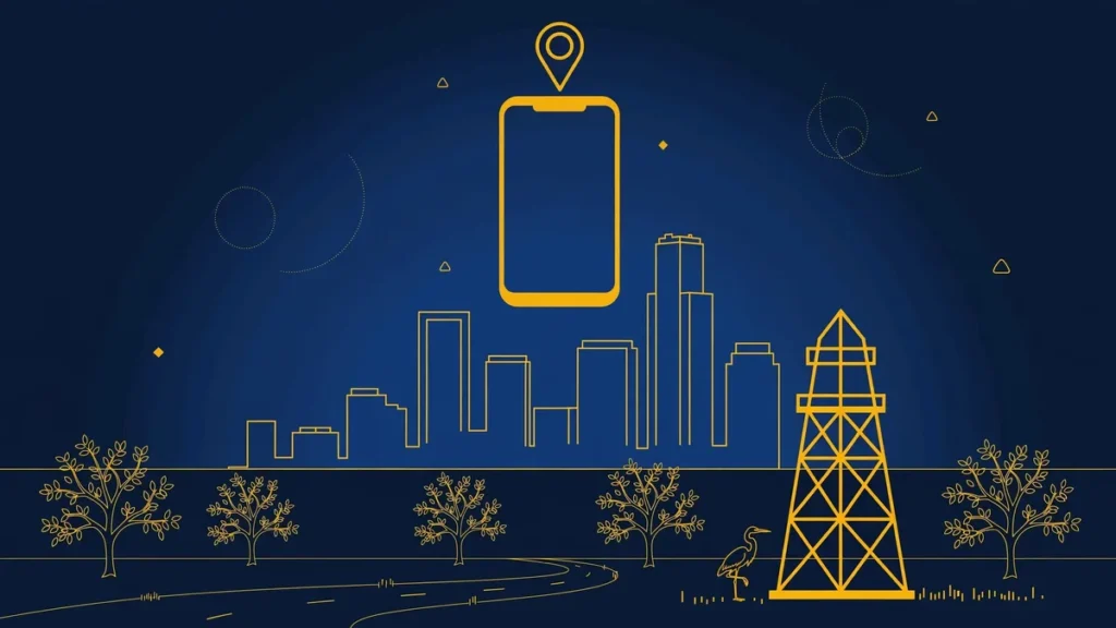 Illustration: Houston skyline with smartphone and map pin — 346 area code guide