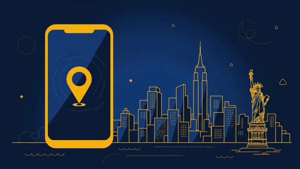 Illustration: New York City skyline with smartphone and map pin — 347 area code guide