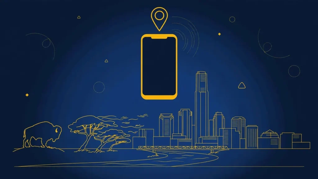 Illustration: Oklahoma City skyline with smartphone and map pin — 405 area code guide