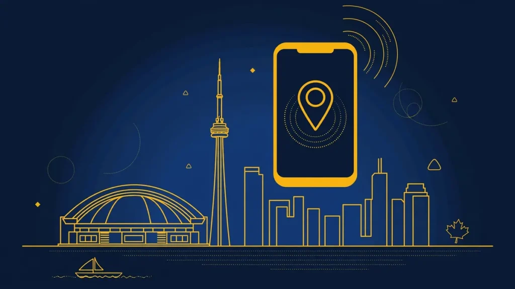 Illustration: Toronto skyline with smartphone and map pin — 437 area code guide
