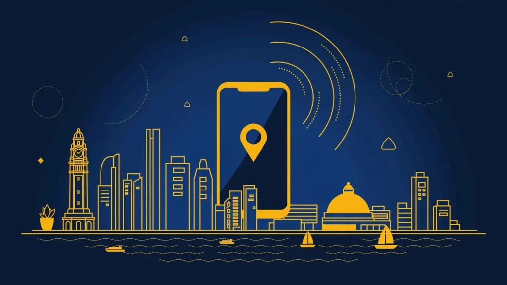 Illustration: Baltimore skyline with smartphone and map pin — 443 area code guide