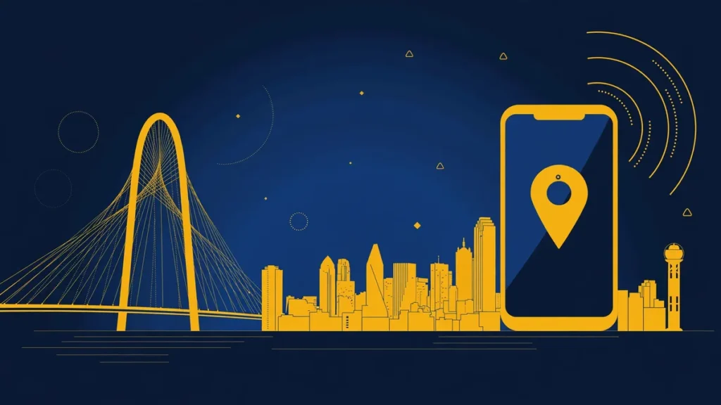 Illustration: Dallas skyline with smartphone and map pin — 469 area code guide