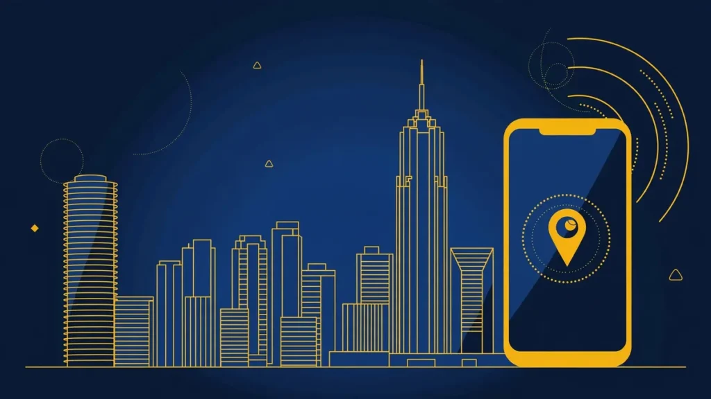 Illustration: Atlanta skyline with smartphone and map pin — 470 area code guide