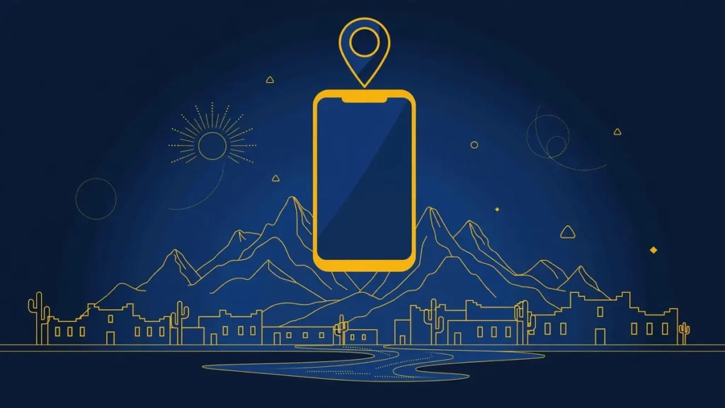 Illustration: Mesa skyline with smartphone and map pin — 480 area code guide