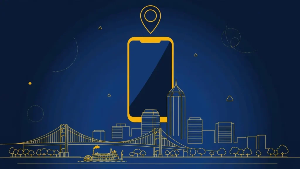 Illustration: Louisville skyline with smartphone and map pin — 502 area code guide