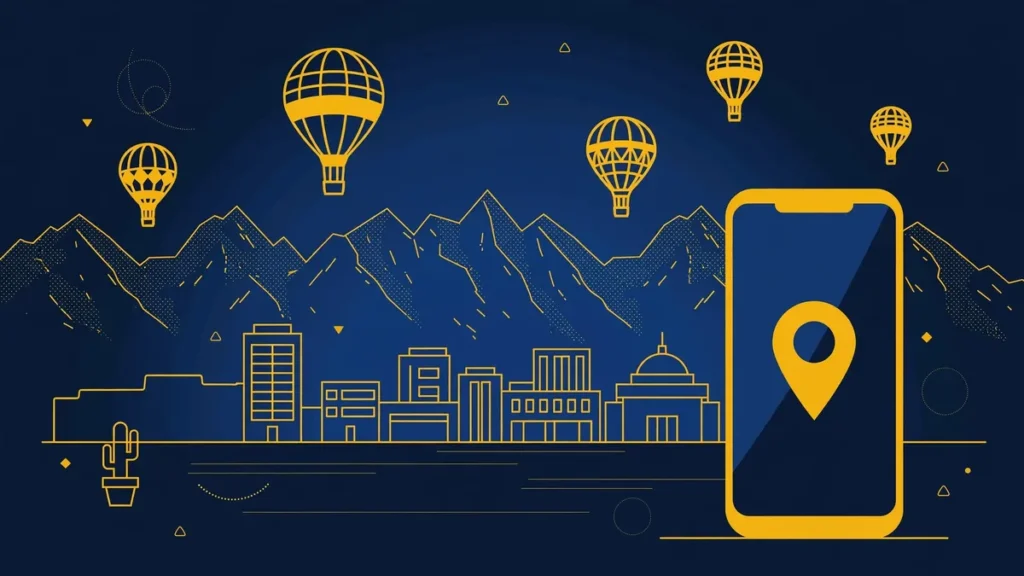 Illustration: Albuquerque skyline with smartphone and map pin — 505 area code guide