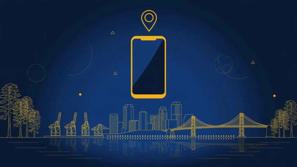 Illustration: Oakland skyline with smartphone and map pin — 510 area code guide