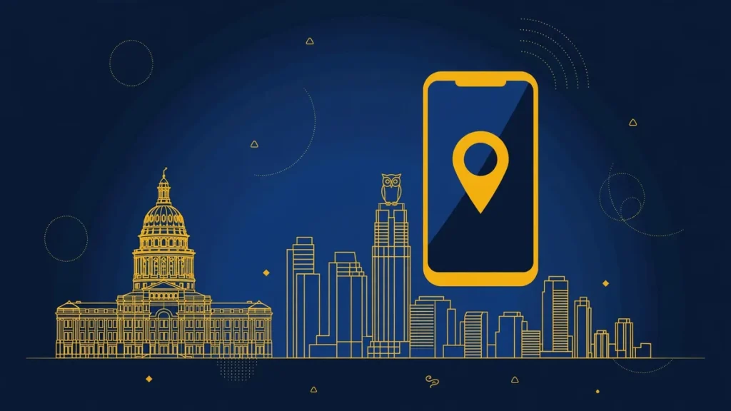 Illustration: Austin skyline with smartphone and map pin — 512 area code guide
