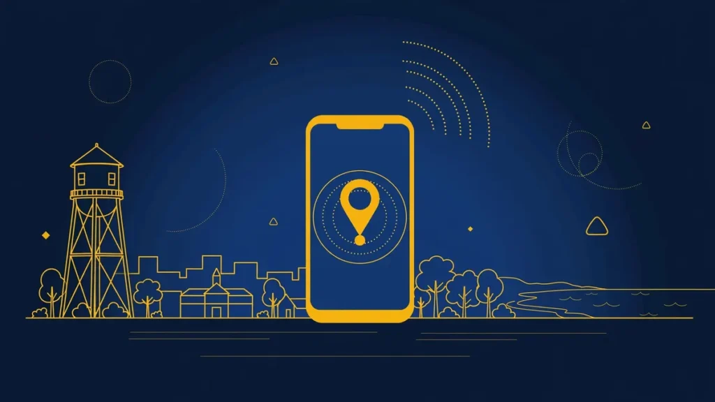 Illustration: Hempstead skyline with smartphone and map pin — 516 area code guide