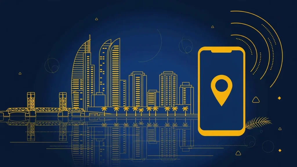 Illustration: West Palm Beach skyline with smartphone and map pin — 561 area code guide