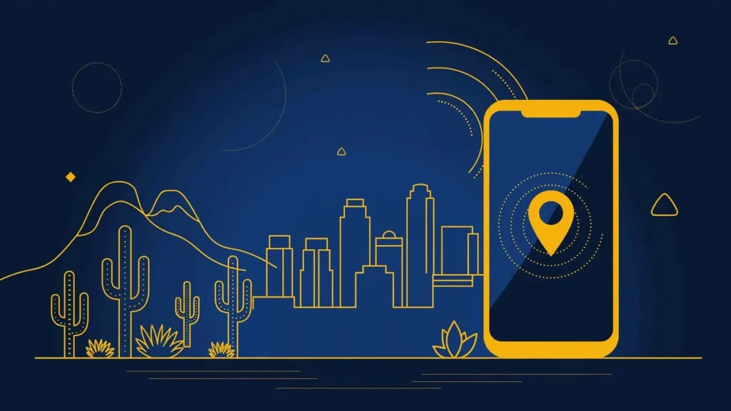 Illustration: Phoenix skyline with smartphone and map pin — 602 area code guide