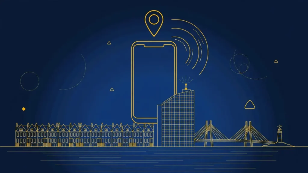 Illustration: Boston skyline with smartphone and map pin — 617 area code guide