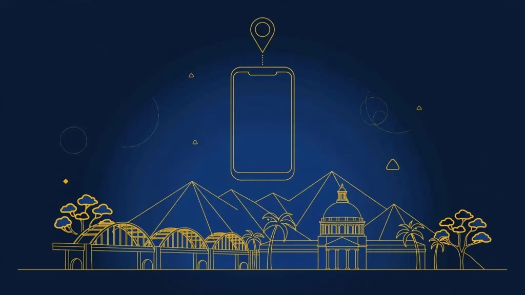 Illustration: Pasadena skyline with smartphone and map pin — 626 area code guide