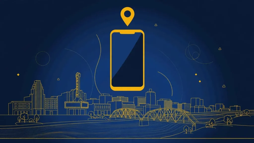 Illustration: Aurora skyline with smartphone and map pin — 630 area code guide