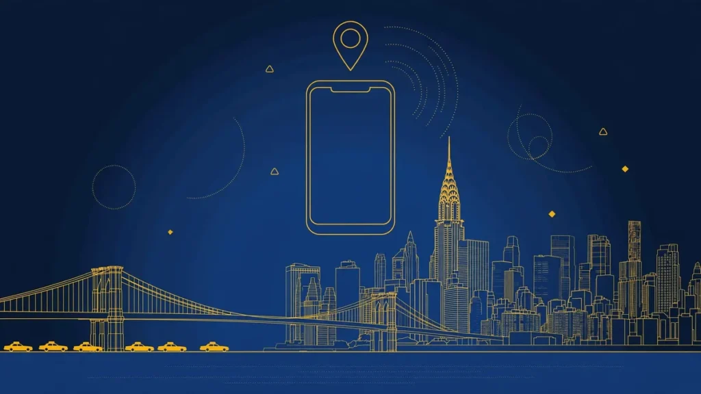 Illustration: New York City skyline with smartphone and map pin — 646 area code guide
