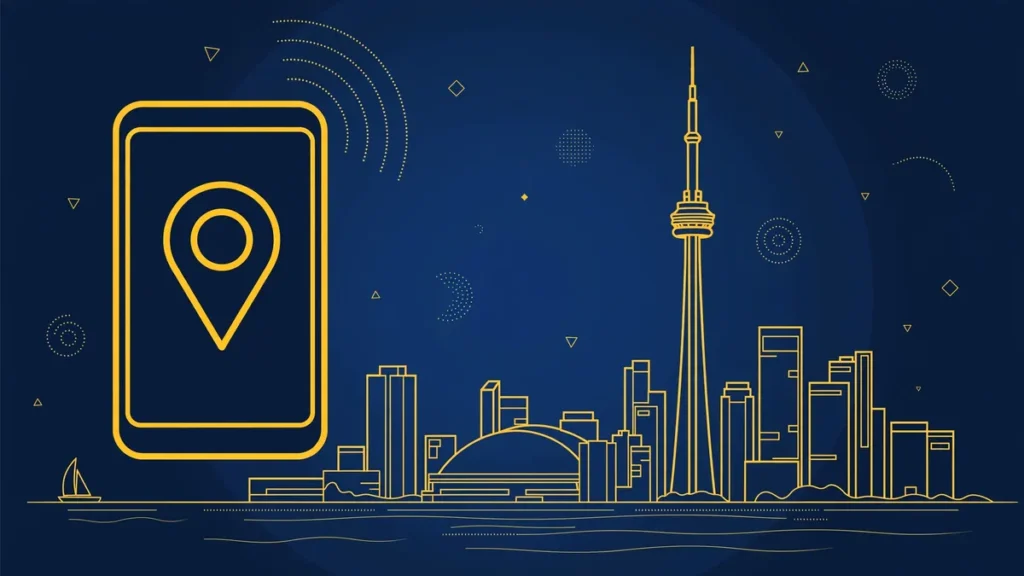 Illustration: Toronto skyline with smartphone and map pin — 647 area code guide