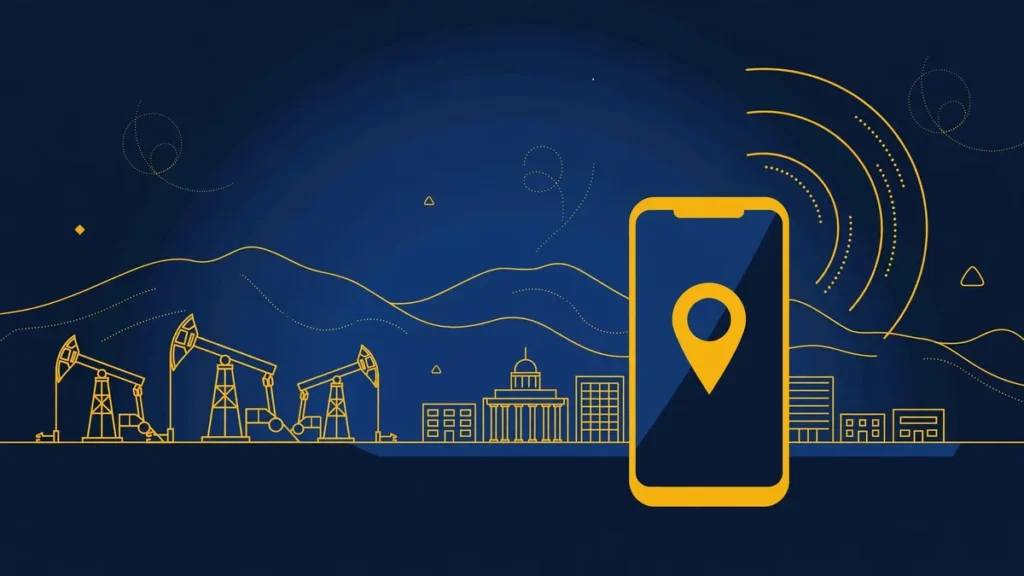 Illustration: Bakersfield skyline with smartphone and map pin — 661 area code guide