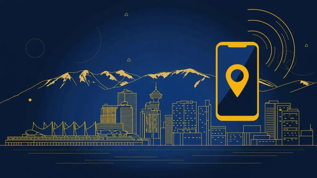 Illustration: Vancouver skyline with smartphone and map pin — 672 area code guide