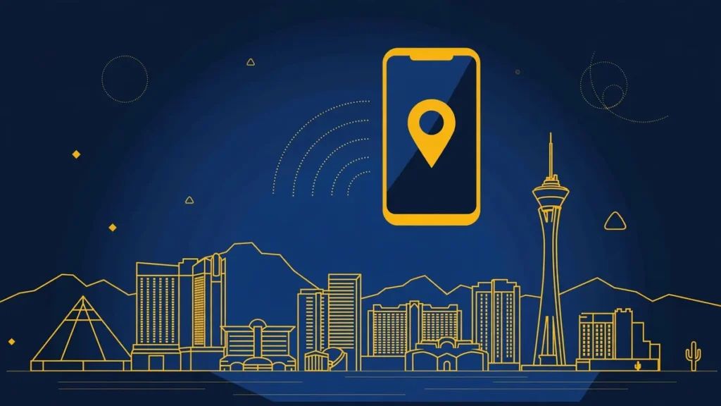 Illustration: Las Vegas skyline with smartphone and map pin — 702 area code guide
