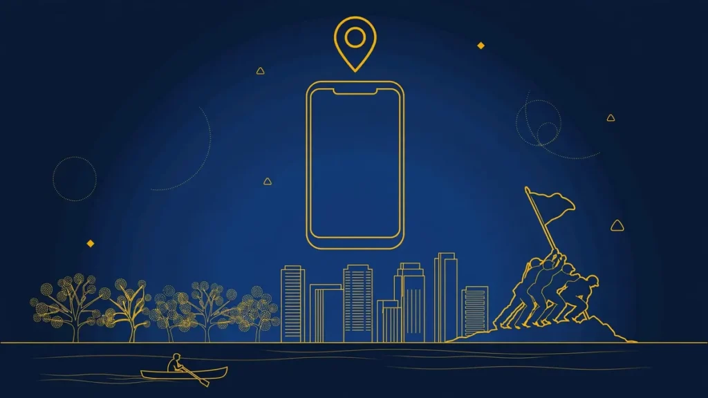 Illustration: Arlington skyline with smartphone and map pin — 703 area code guide