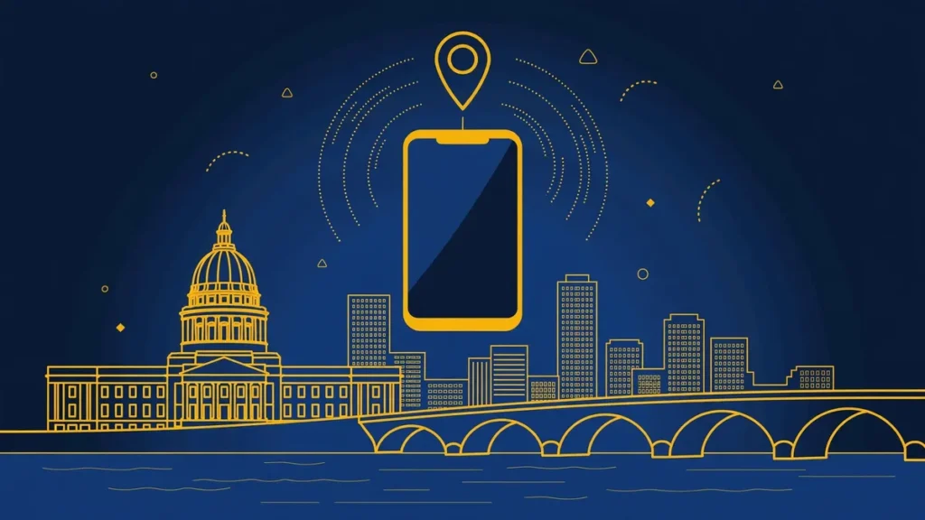 Illustration: Harrisburg skyline with smartphone and map pin — 717 area code guide