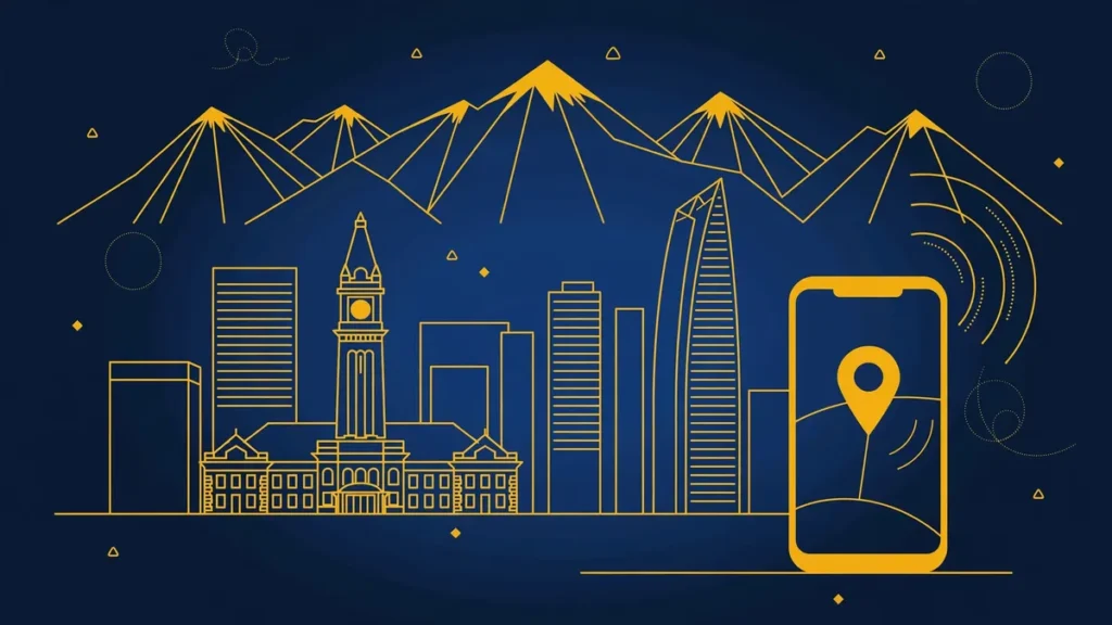 Illustration: Denver skyline with smartphone and map pin — 720 area code guide
