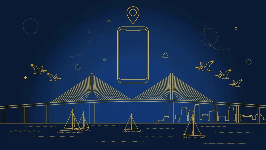 Illustration: St. Petersburg skyline with smartphone and map pin — 727 area code guide